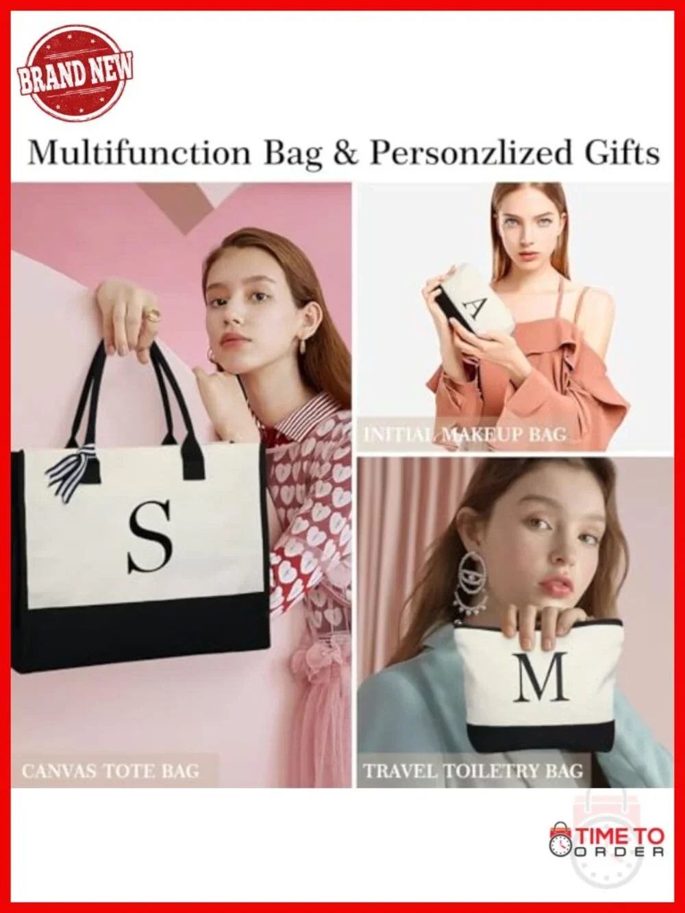 Initial Canvas Tote Bag & Makeup Bag Set with Zipper Closure